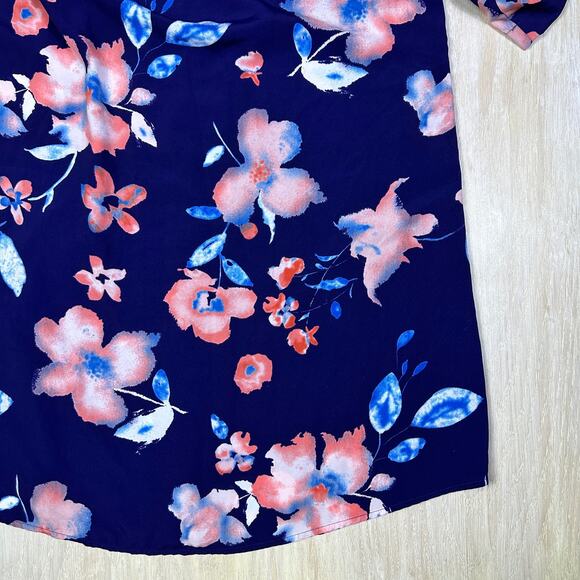 41 Hawthorn Blue Pink Floral Button Front Roll Tab Sleeve Casual Shirtdress LG - Picture 9 of 16